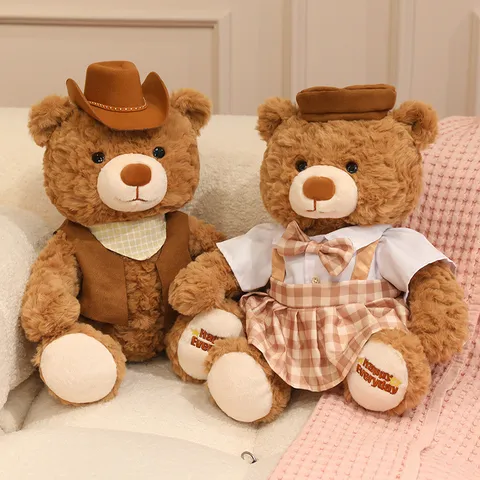 Cute Couple Teddy Bear Plush Toy Stuffed Animal Soft Denim Clothes Doll Hugging Pillow Cute Birthday Gift For Girlfriend