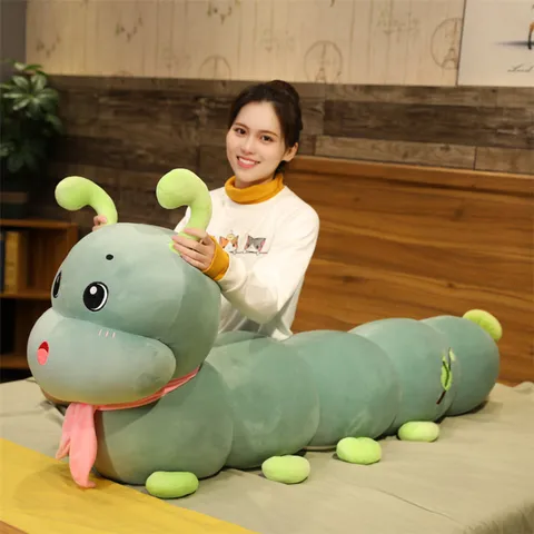 Cute Caterpillar Plush Toy Stuffed Animal Long Pillow Soft Sleeping Companion with Scarf Kids Room Decor