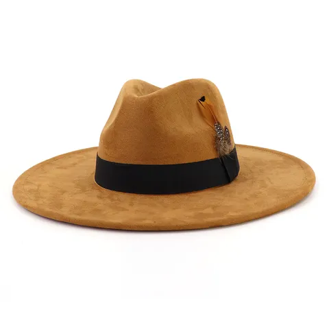 Women Suede Fedora Hat Wide Brim Panama Hat with Feather Ribbon Vintage Jazz Cap