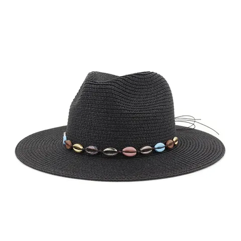 Chapeau de Paille Unisexe Grand Bord Chapeau de Soleil Été Plage Fedora Chapeau avec Bande de Perles de Coquillage Réglable Casquette Protection Solaire
