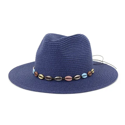 Chapeau de Paille Unisexe Grand Bord Chapeau de Soleil Été Plage Fedora Chapeau avec Bande de Perles de Coquillage Réglable Casquette Protection Solaire