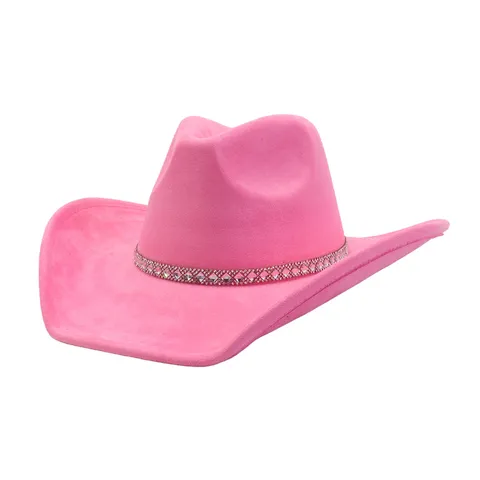 Women Fashion Wide Brim Fedora Hat Suede Western Cowboy Hat Jazz Cap With Rhinestone Band Fall Winter Headwear
