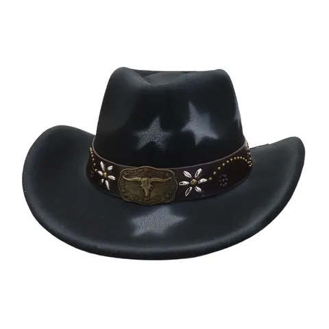 Chapeau de Cowboy Western Pour Hommes Femmes Vintage Feutre Bord Roulé Imprimé Étoile Chapeau de Soleil Mode Casquette de Jazz