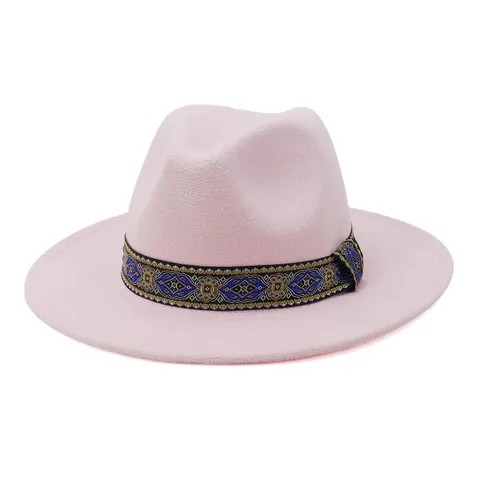 Unisex Fedora Hoed Polyester Mix Brede Rand Jazz Pet Met Etnische Geweven Band Klassieke Casual Panama Hoed Voor Mannen Vrouwen