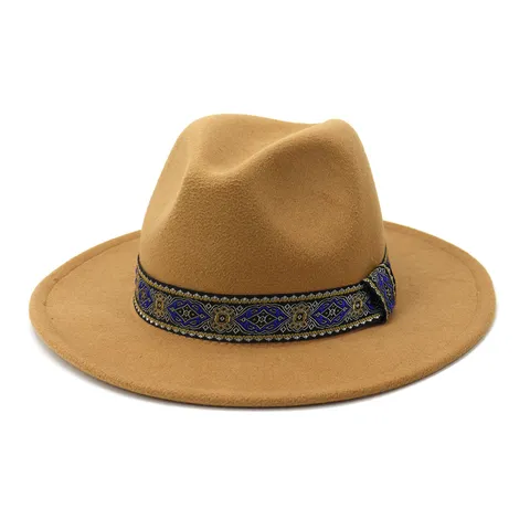 Unisex Fedora Hoed Polyester Mix Brede Rand Jazz Pet Met Etnische Geweven Band Klassieke Casual Panama Hoed Voor Mannen Vrouwen