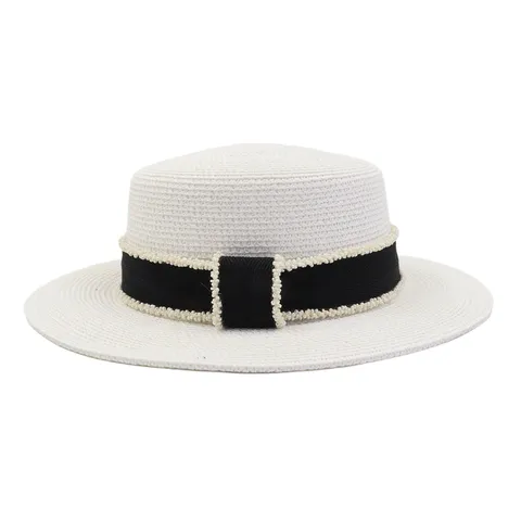 Damen Sommer Strohhut Breite Krempe Sonnenschutzhut Flacher Top Strandhut Perlenband Elegante Fedora
