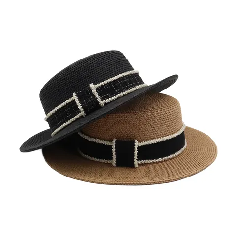 Damen Sommer Strohhut Breite Krempe Sonnenschutzhut Flacher Top Strandhut Perlenband Elegante Fedora
