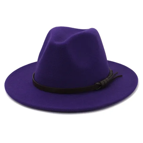 Women's British Style Wool Blend Fedora Hat Elegant Wide Brim Jazz Hat with Leather Belt and Tassel Autumn Winter Hat