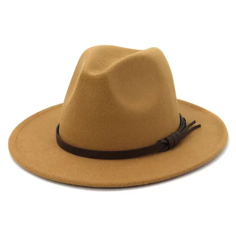 Women's British Style Wool Blend Fedora Hat Elegant Wide Brim Jazz Hat with Leather Belt and Tassel Autumn Winter Hat
