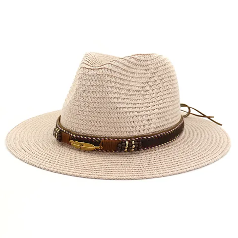 Women Straw Hat Fedora Sun Hat Wide Brim Beach Summer Hat With Ethnic Ribbon Feather Pendant Elegant Vacation Hat