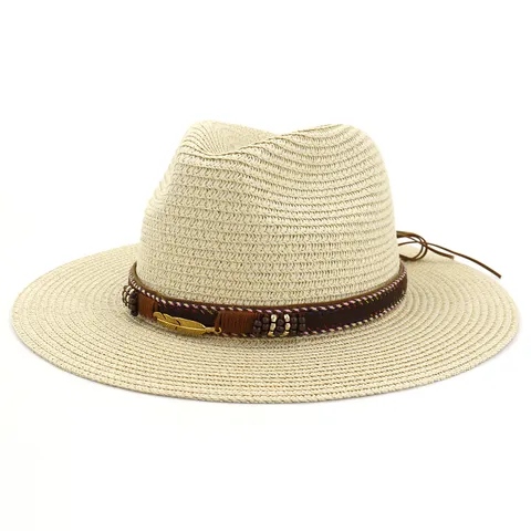 Women Straw Hat Fedora Sun Hat Wide Brim Beach Summer Hat With Ethnic Ribbon Feather Pendant Elegant Vacation Hat