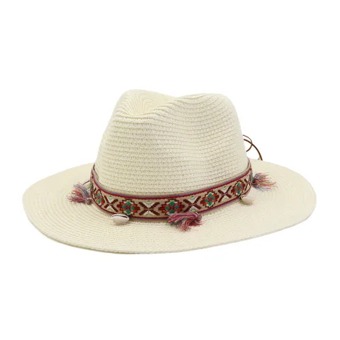 Unisex Summer Straw Hat Wide Brim Beach Sun Hat Ethnic Style Woven Fedora Hat With Tassel Shell Outdoor Travel Cap