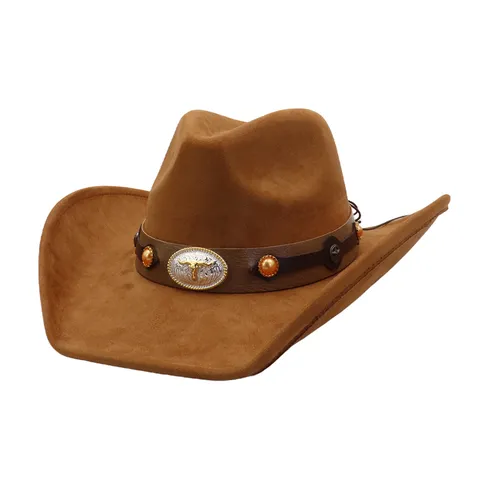 Autumn Winter Suede Cowboy Hat Wide Brim Fedora Jazz Hat Ethnic Style Metal Buckle Retro Western Cap