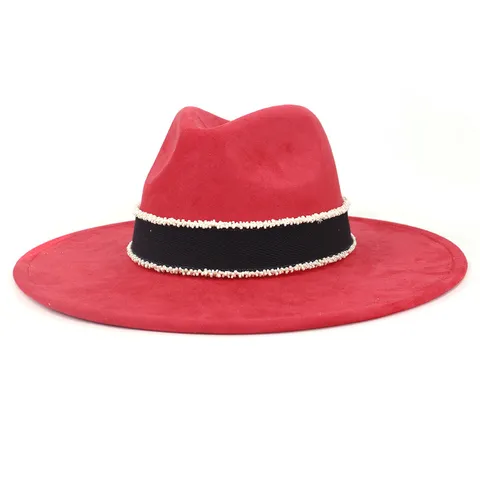 Sombrero Fedora de Ala Ancha de Ante Sintético para Mujer Sombrero Bombín Clásico de Caballero con Banda de Cuentas Elegante Retro