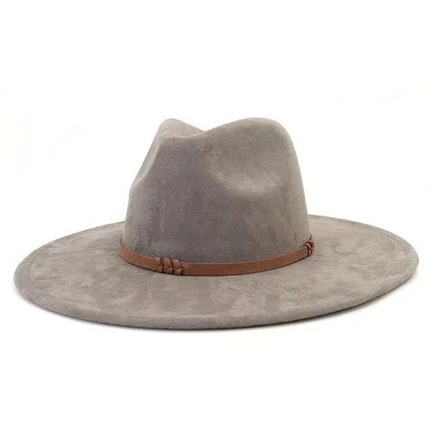 Unisex Wide Brim Fedora Hat Vintage Faux Suede Jazz Cap With Braided Belt Classic Gentleman Hat Outdoor Sun Hat