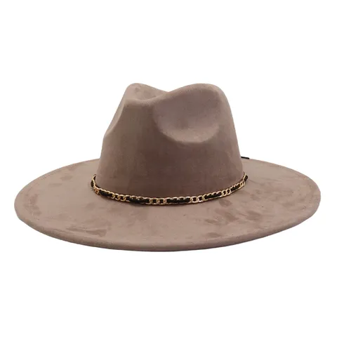 Unisex Fashion Suede Fedora Hat Wide Brim Vintage Jazz Hat With Metal Chain