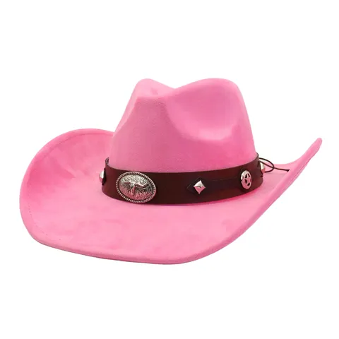Unisex Suede Cowboy Hat Western Fashion Big Brim Jazz Cap Vintage Metal Bull Head Decor Spring Summer Sun Hat