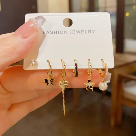 French Retro Butterfly Petal Artificial Pearl Earring Collection Gold Silver Plated Rhinestone Tassel Heart Earrings For Women