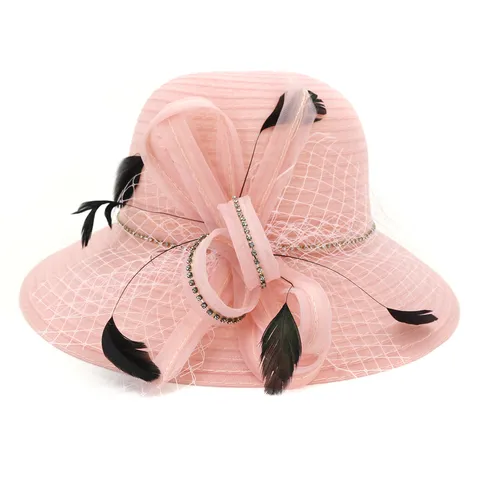 Women Large Brim Sun Hat Organza Beach Hat UV Protection Summer Bowknot Feather Rhinestone Floppy Hat For Vacation