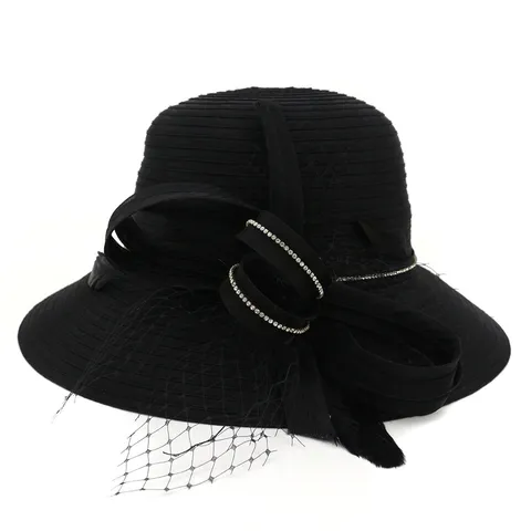 Women Large Brim Sun Hat Organza Beach Hat UV Protection Summer Bowknot Feather Rhinestone Floppy Hat For Vacation