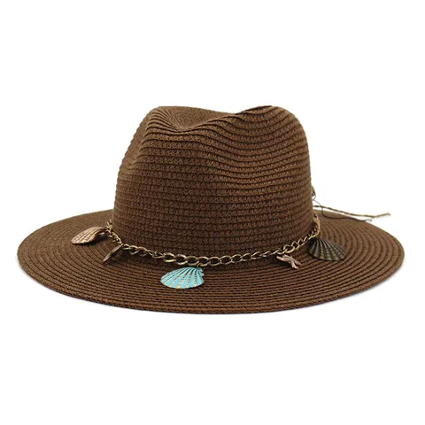 Womens Straw Hat Wide Brim Summer Sun Protection Beach Hat With Metal Chain Beach Vacation Fashion Headwear