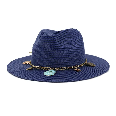 Womens Straw Hat Wide Brim Summer Sun Protection Beach Hat With Metal Chain Beach Vacation Fashion Headwear
