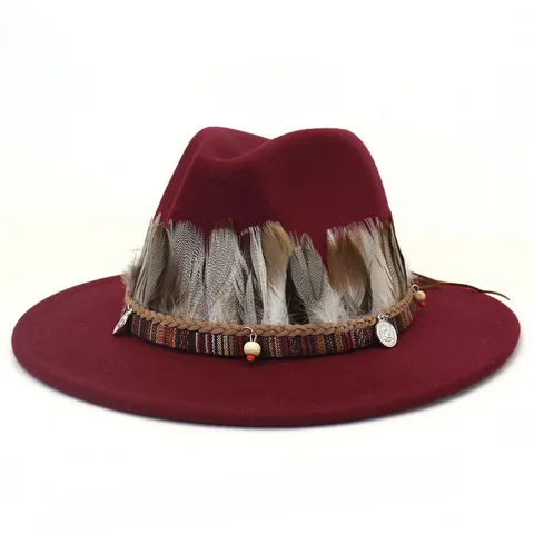 Women's Fedora Hat Retro Ethnic Feather Wide Brim Jazz Hat Autumn Winter Woolen Cap