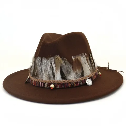 Women's Fedora Hat Retro Ethnic Feather Wide Brim Jazz Hat Autumn Winter Woolen Cap