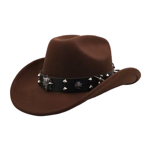 Vintage Punk Wool Felt Cowboy Hat Wide Brim Jazz Fedora Hat With Metal Cross Rivet Western Hat For Men Women
