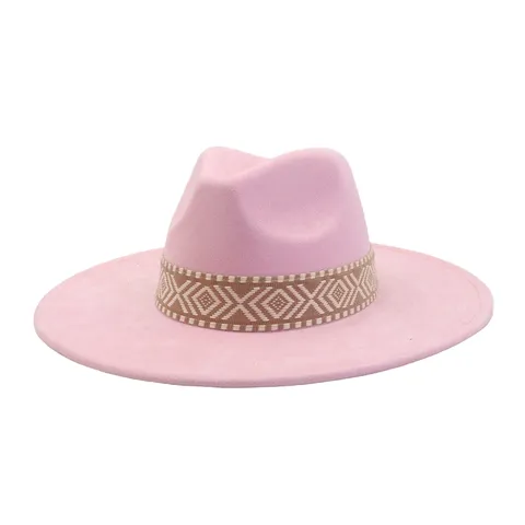 Unisex Imitatie Suède Fedora Hoed Brede Rand Panama Hoed Vintage Jazz Pet Met Etnisch Geweven Band Voor Heren Dames Outdoor Reizen