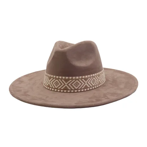 Unisex Imitatie Suède Fedora Hoed Brede Rand Panama Hoed Vintage Jazz Pet Met Etnisch Geweven Band Voor Heren Dames Outdoor Reizen
