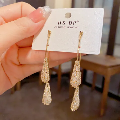 Exquisite Zirconia Two-Wear Teardrop Tassel Earrings Copper Real Gold Plated Fashion Jewelry Women Drop Earrings