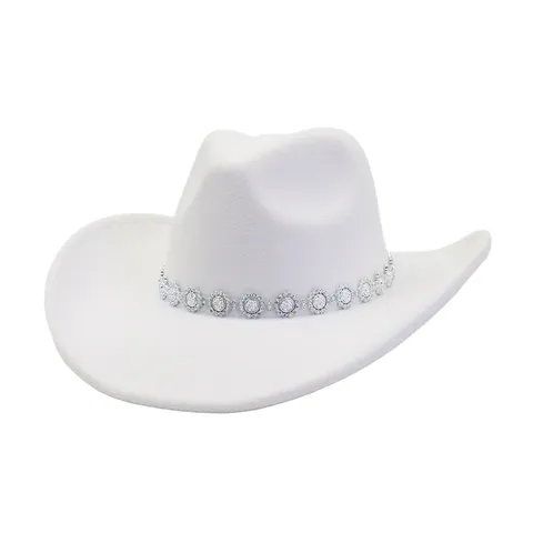 Chapeau Cowboy Occidental Feutre Laine Fedora Grand Bord Vintage Extérieur Cavalier Chapeau Strass Fleur Bandeau Pour Femmes Hommes