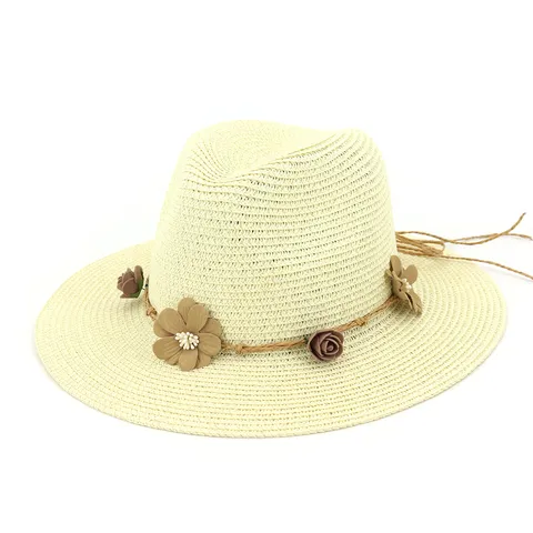 Damen Stroh Fedora Hut Sommer Strand Sonnenschutz Gewebter Panama Hut Blumendekor Lässige Outdoor Sonnenkappe