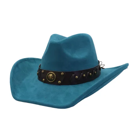 Unisex Western Cowboy Hat Vintage Suede Wide Brim Fedora Jazz Hat Leather Belt Metal Rivets Outdoor Travel Fashion Cap
