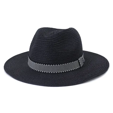 Chapeau de Paille Unisexe Style Britannique Fedora Été Soleil Plage Ruban Rayé Chapeau Panama Réglable Voyage Extérieur Plage