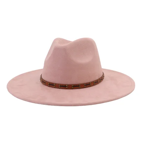 Unisex Suede Wide Brim Fedora Hat Vintage Jazz Cap With Metal Rivet Leather Band Outdoor Sun Hat For Men Women