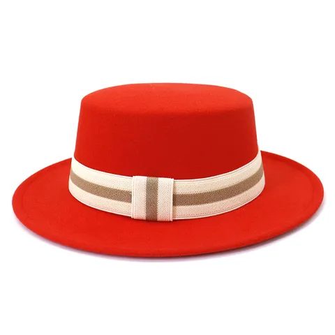 British Style Woolen Fedora Hat Unisex Wide Brim Flat Top Hat Winter Warm Fashion Jazz Cap Solid Color Striped Ribbon