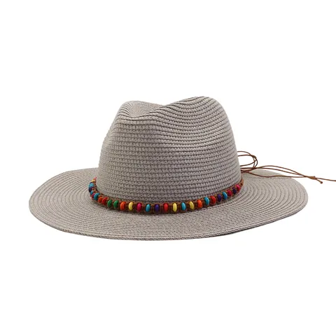 Summer Women Straw Hat Sweet Casual Beach Sun Hat Wide Brim Fedora Hat With Beaded Strap Vacation Headwear