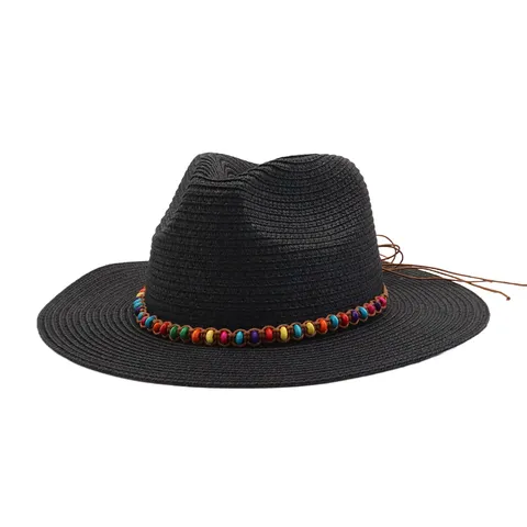 Summer Women Straw Hat Sweet Casual Beach Sun Hat Wide Brim Fedora Hat With Beaded Strap Vacation Headwear