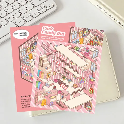 Pink Candy House 3D Miniature Landscaping Stickers DIY Hand Ledger Decorative PET Stickers Cute Stationery Supplies