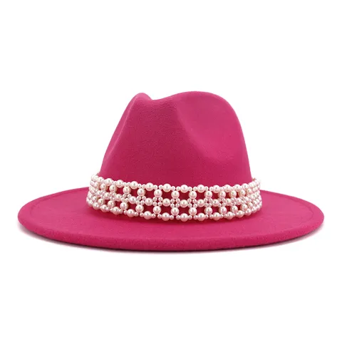 Women Autumn Winter Woolen Fedora Hat Wide Brim Jazz Hat With Pearl Beaded Strap Fashion Elegant Lady Dress Hat