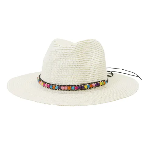 Chapeau Fedora en Paille Printemps Été Large Bord Protection Solaire Panama avec Perles Colorées Unisexe Voyage Extérieur Plage