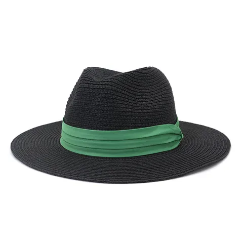 Chapeau Fedora en Paille Unisexe Été Extérieur Plage Protection Solaire Panama avec Décoration en Ruban