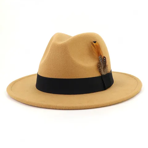 Classic Wide Brim Fedora Hat For Men Women Vintage Jazz Cap With Ribbon Feather Decoration Daily Casual Party