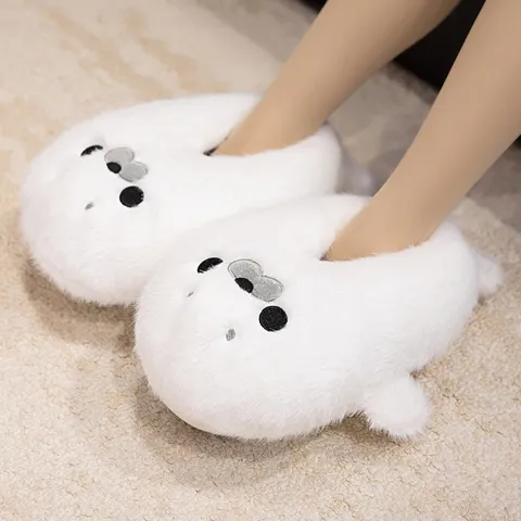 Cute Seal House Slippers For Women Winter Warm Plush Closed Heel Non-Slip Indoor Floor Cotton Shoes Home Slippers