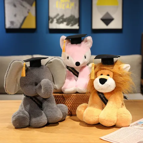 Graduation Stuffed Animal Plush Toy Cute Elephant Lion Fox With Doctor Hat Soft Graduation Gift Present