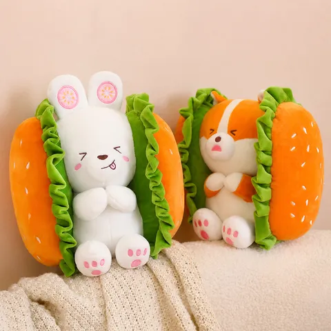 Cute Hamburger Rabbit And Shiba Inu Plush Toy Soft Stuffed Animal Sandwich Bread Pillow Cartoon Doll Kids Gift