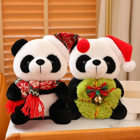 Cute Christmas Panda Plush Toy Stuffed Animal Doll With Santa Hat And Scarf Festive Party Decoration Kids Birthday Gift