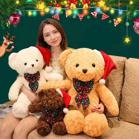 Christmas Cute Bear Plush Toy Stuffed Animal Teddy Bear With Scarf And Hat Holiday Party Decoration Gift